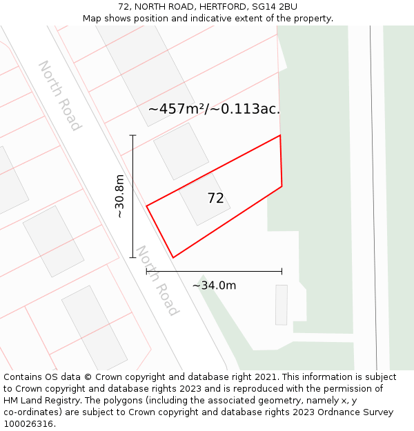 72, NORTH ROAD, HERTFORD, SG14 2BU: Plot and title map