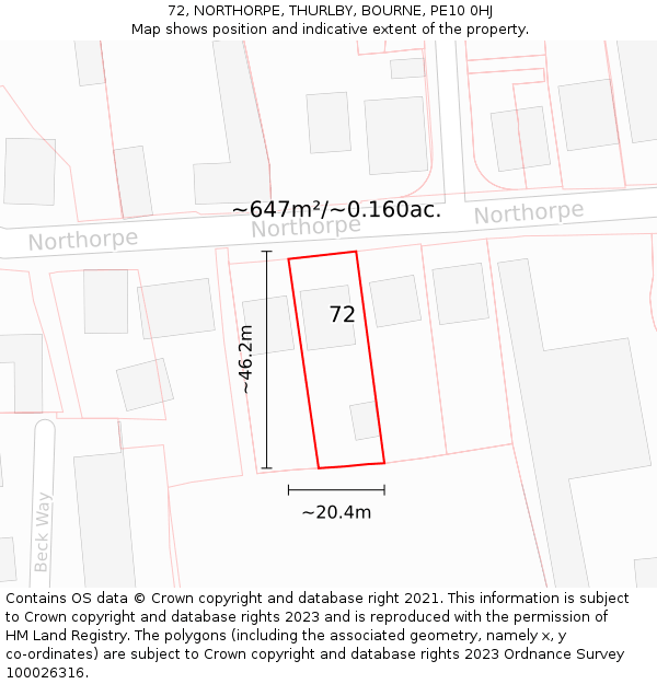 72, NORTHORPE, THURLBY, BOURNE, PE10 0HJ: Plot and title map