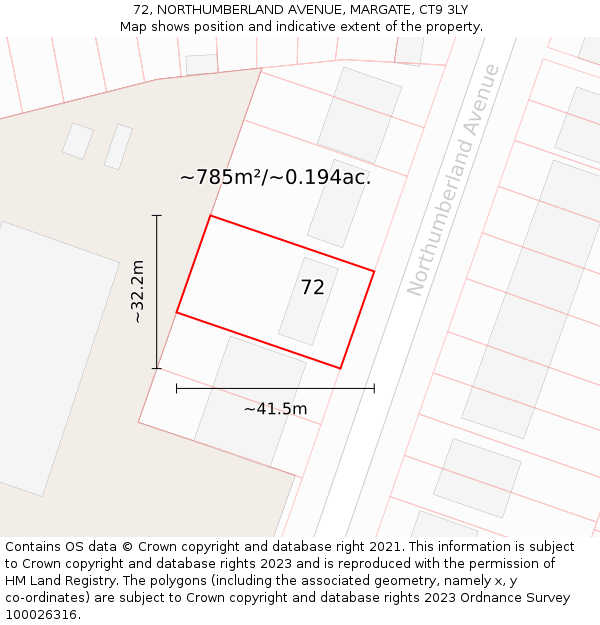 72, NORTHUMBERLAND AVENUE, MARGATE, CT9 3LY: Plot and title map