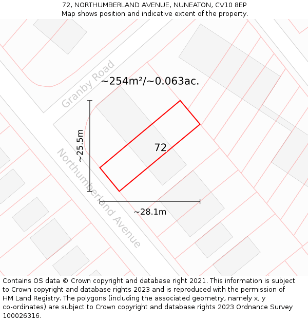 72, NORTHUMBERLAND AVENUE, NUNEATON, CV10 8EP: Plot and title map