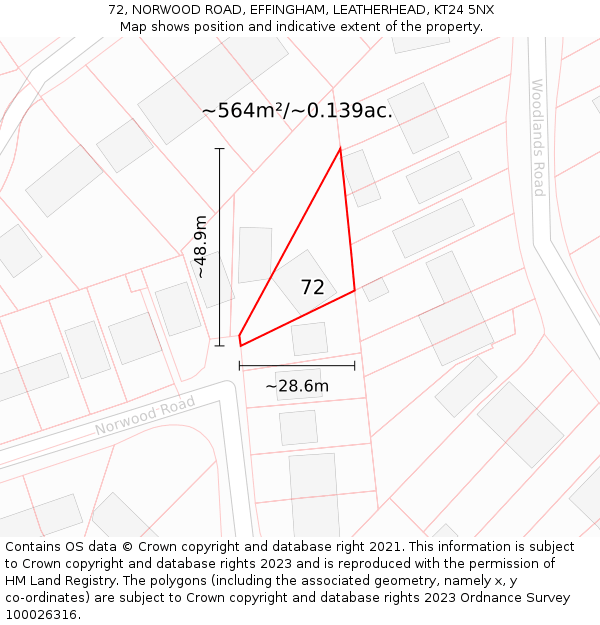 72, NORWOOD ROAD, EFFINGHAM, LEATHERHEAD, KT24 5NX: Plot and title map