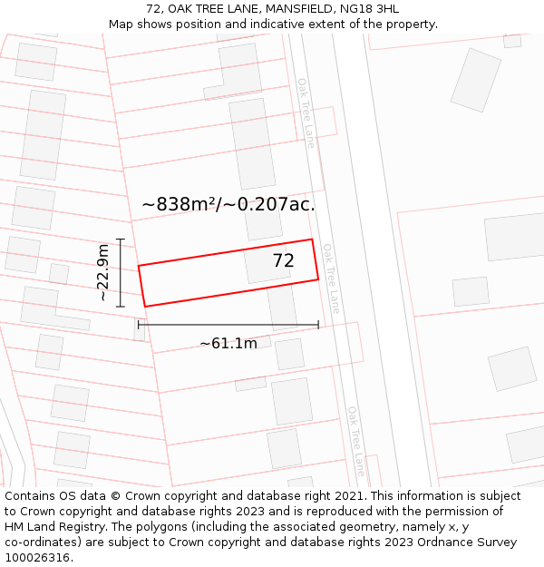 72, OAK TREE LANE, MANSFIELD, NG18 3HL: Plot and title map