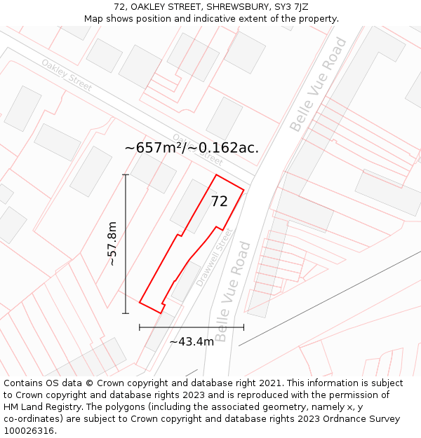 72, OAKLEY STREET, SHREWSBURY, SY3 7JZ: Plot and title map