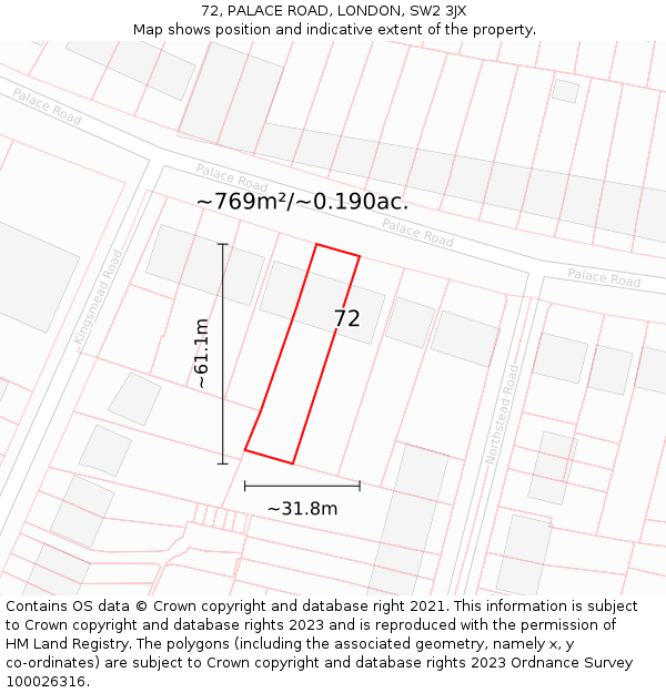 72, PALACE ROAD, LONDON, SW2 3JX: Plot and title map
