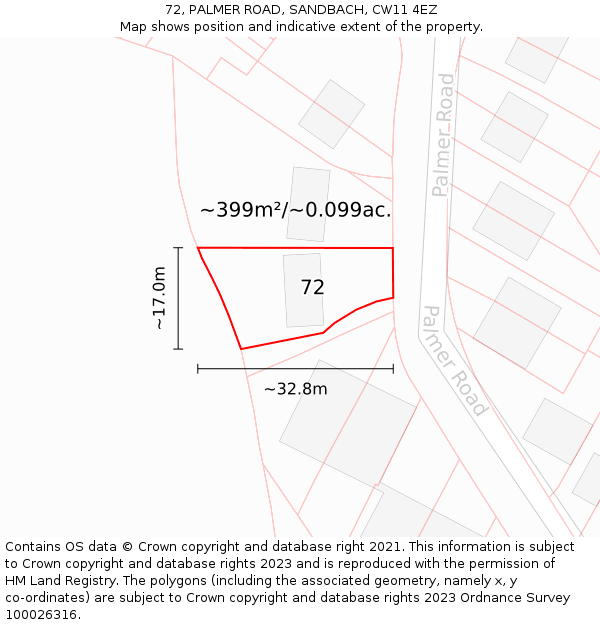 72, PALMER ROAD, SANDBACH, CW11 4EZ: Plot and title map