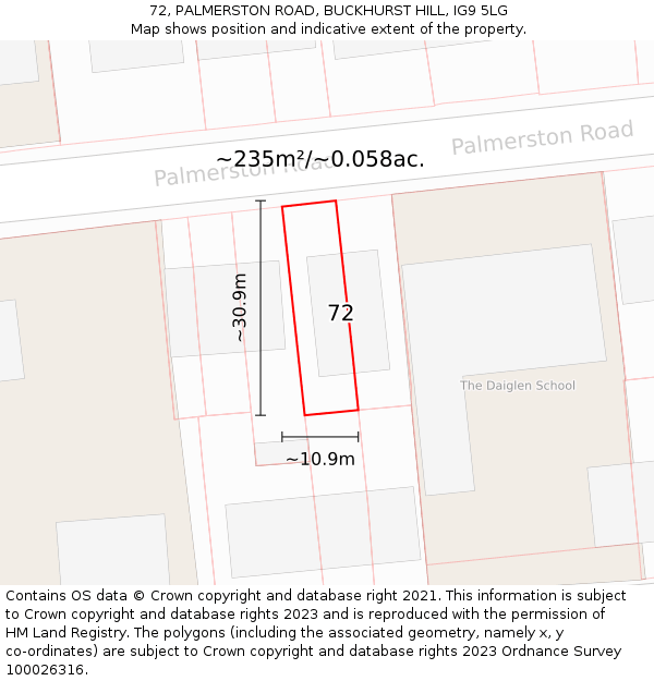 72, PALMERSTON ROAD, BUCKHURST HILL, IG9 5LG: Plot and title map