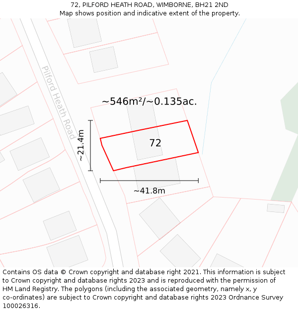 72, PILFORD HEATH ROAD, WIMBORNE, BH21 2ND: Plot and title map