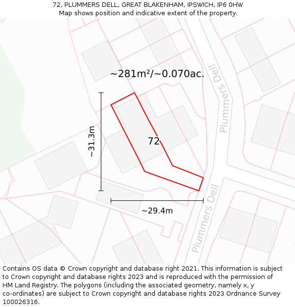 72, PLUMMERS DELL, GREAT BLAKENHAM, IPSWICH, IP6 0HW: Plot and title map