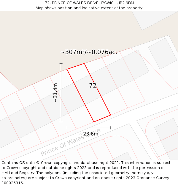 72, PRINCE OF WALES DRIVE, IPSWICH, IP2 9BN: Plot and title map