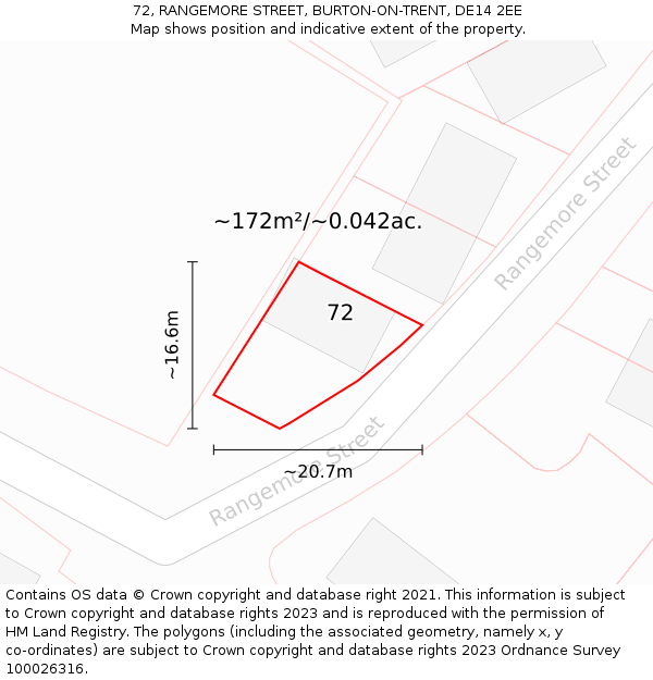 72, RANGEMORE STREET, BURTON-ON-TRENT, DE14 2EE: Plot and title map