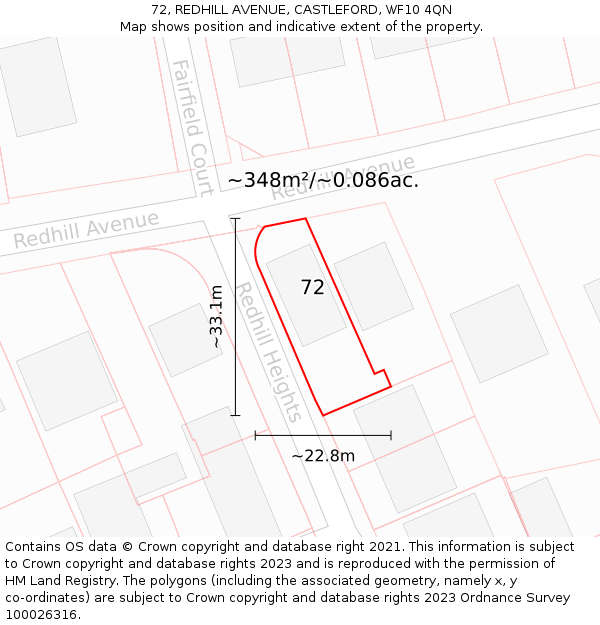 72, REDHILL AVENUE, CASTLEFORD, WF10 4QN: Plot and title map