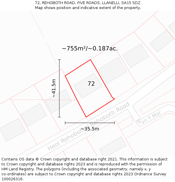 72, REHOBOTH ROAD, FIVE ROADS, LLANELLI, SA15 5DZ: Plot and title map