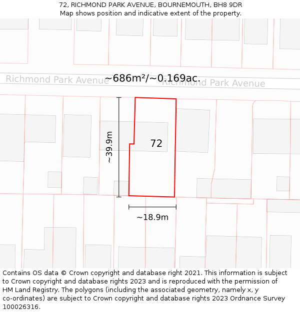 72, RICHMOND PARK AVENUE, BOURNEMOUTH, BH8 9DR: Plot and title map