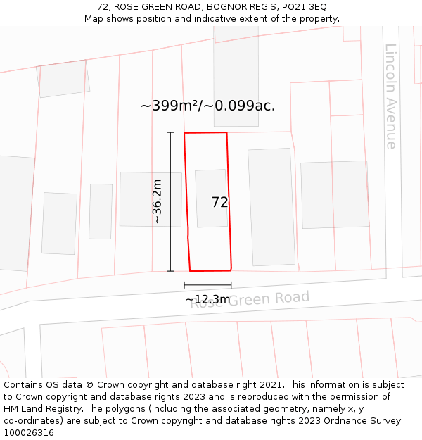 72, ROSE GREEN ROAD, BOGNOR REGIS, PO21 3EQ: Plot and title map