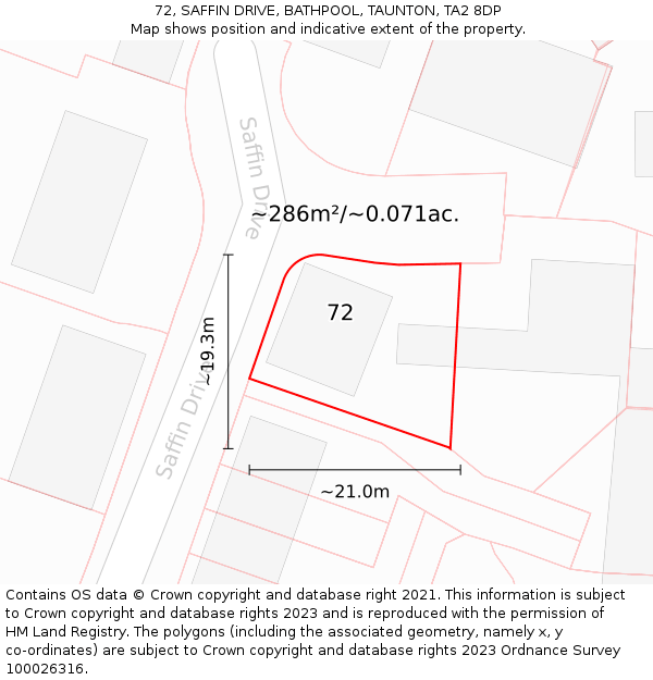 72, SAFFIN DRIVE, BATHPOOL, TAUNTON, TA2 8DP: Plot and title map