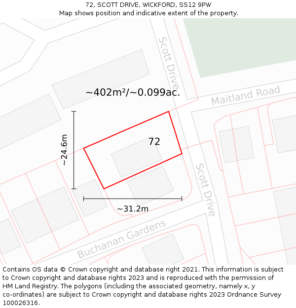 72, SCOTT DRIVE, WICKFORD, SS12 9PW: Plot and title map