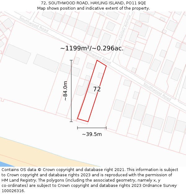 72, SOUTHWOOD ROAD, HAYLING ISLAND, PO11 9QE: Plot and title map