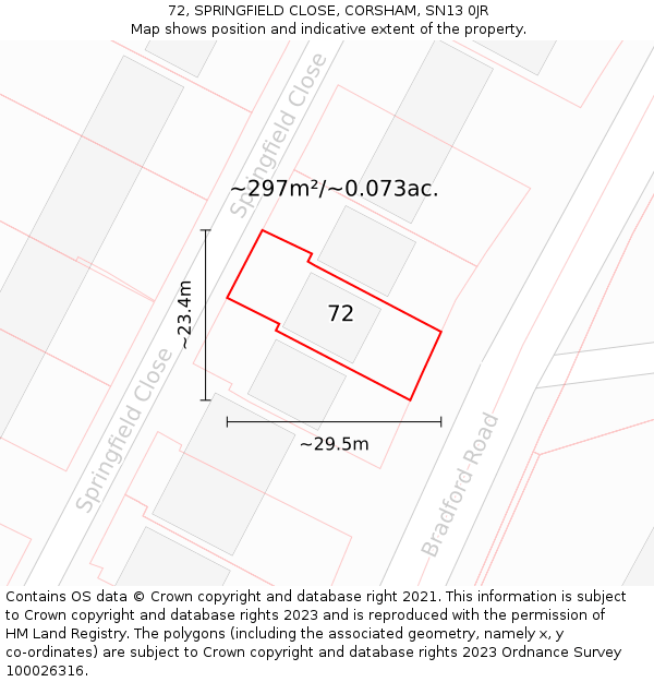 72, SPRINGFIELD CLOSE, CORSHAM, SN13 0JR: Plot and title map