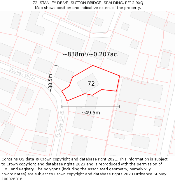 72, STANLEY DRIVE, SUTTON BRIDGE, SPALDING, PE12 9XQ: Plot and title map