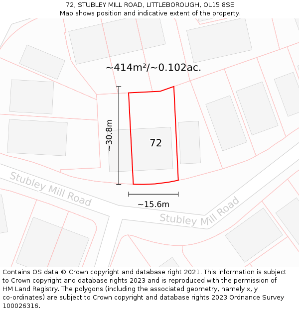 72, STUBLEY MILL ROAD, LITTLEBOROUGH, OL15 8SE: Plot and title map