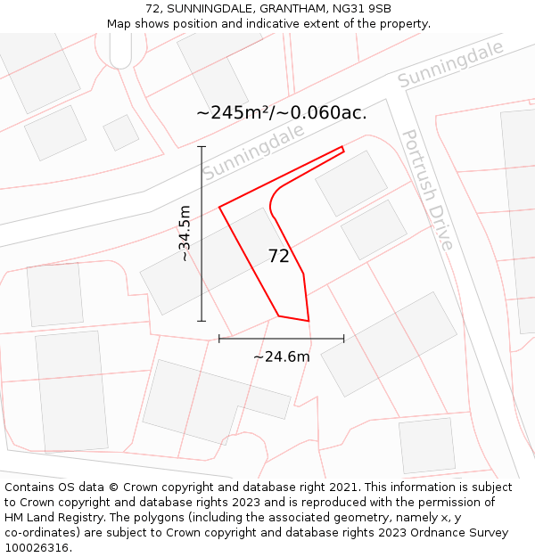 72, SUNNINGDALE, GRANTHAM, NG31 9SB: Plot and title map