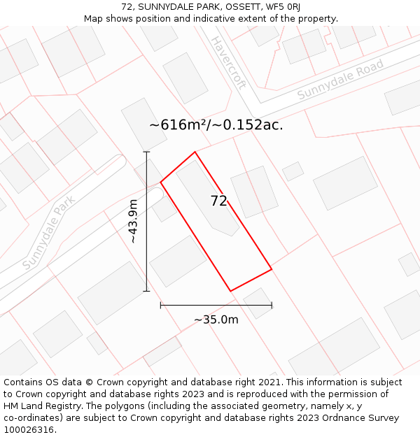 72, SUNNYDALE PARK, OSSETT, WF5 0RJ: Plot and title map