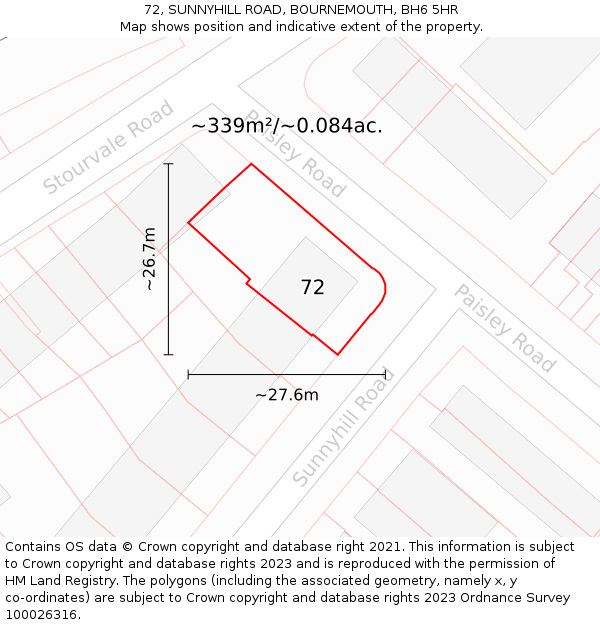 72, SUNNYHILL ROAD, BOURNEMOUTH, BH6 5HR: Plot and title map