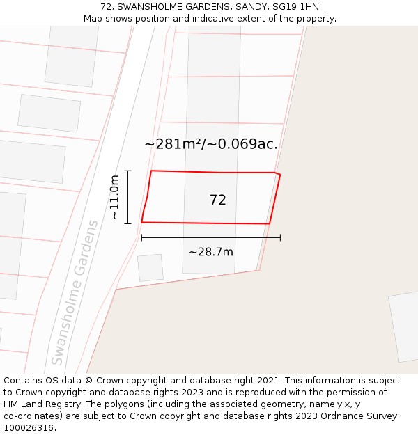 72, SWANSHOLME GARDENS, SANDY, SG19 1HN: Plot and title map