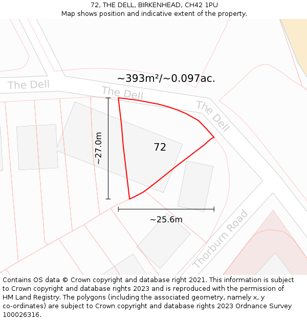 72, THE DELL, BIRKENHEAD, CH42 1PU: Plot and title map