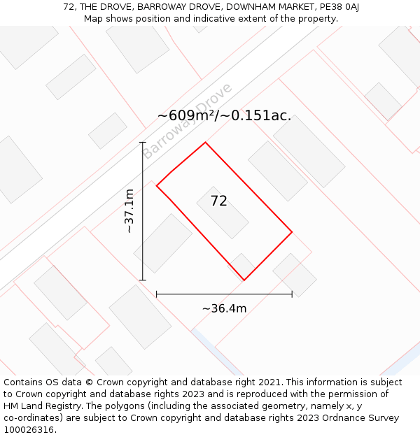 72, THE DROVE, BARROWAY DROVE, DOWNHAM MARKET, PE38 0AJ: Plot and title map