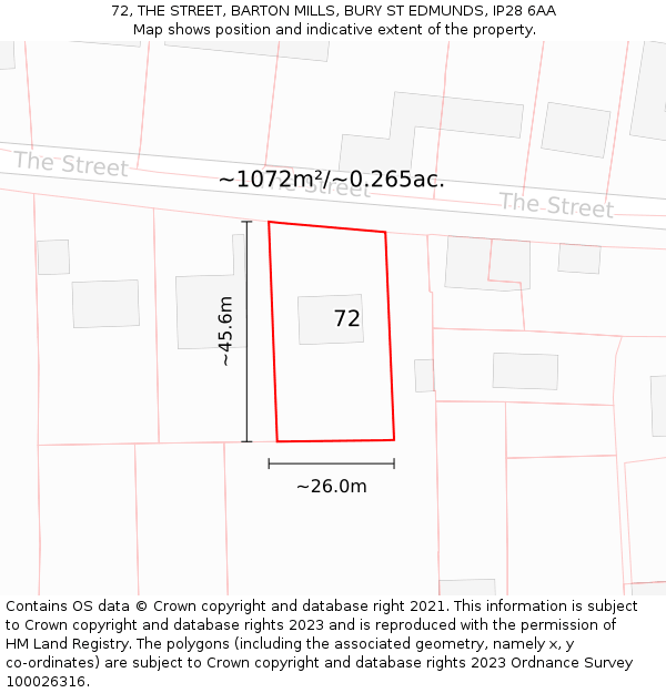 72, THE STREET, BARTON MILLS, BURY ST EDMUNDS, IP28 6AA: Plot and title map