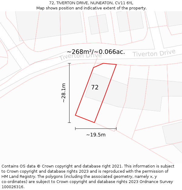 72, TIVERTON DRIVE, NUNEATON, CV11 6YL: Plot and title map