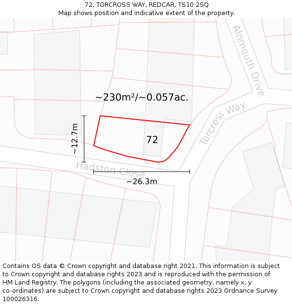 72, TORCROSS WAY, REDCAR, TS10 2SQ: Plot and title map