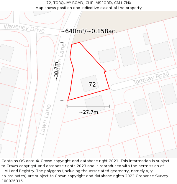 72, TORQUAY ROAD, CHELMSFORD, CM1 7NX: Plot and title map