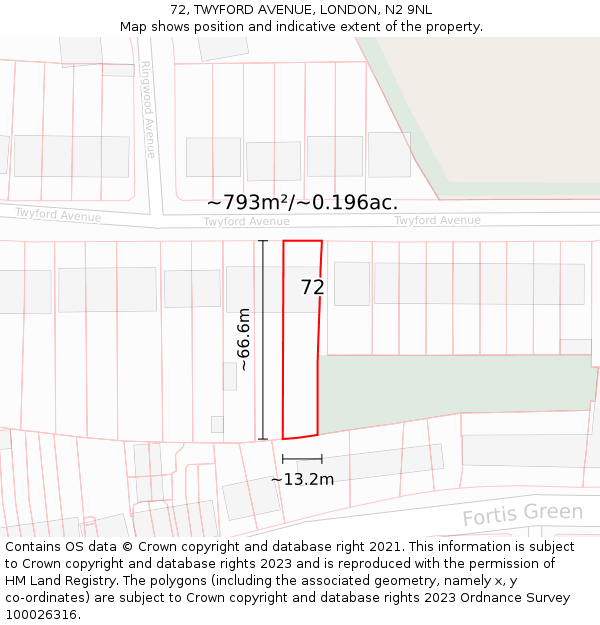 72, TWYFORD AVENUE, LONDON, N2 9NL: Plot and title map