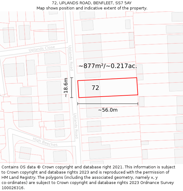 72, UPLANDS ROAD, BENFLEET, SS7 5AY: Plot and title map