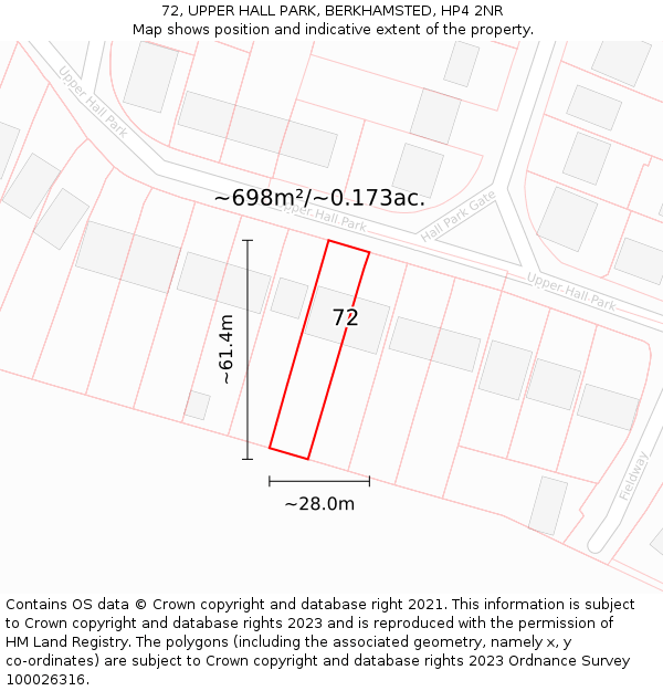 72, UPPER HALL PARK, BERKHAMSTED, HP4 2NR: Plot and title map