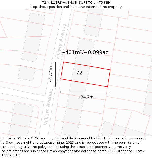 72, VILLIERS AVENUE, SURBITON, KT5 8BH: Plot and title map