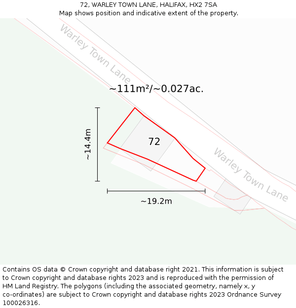 72, WARLEY TOWN LANE, HALIFAX, HX2 7SA: Plot and title map