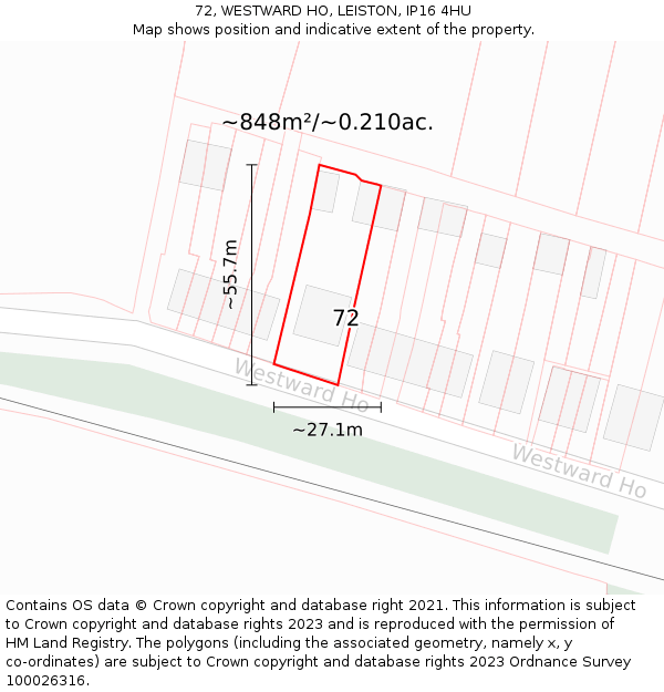 72, WESTWARD HO, LEISTON, IP16 4HU: Plot and title map