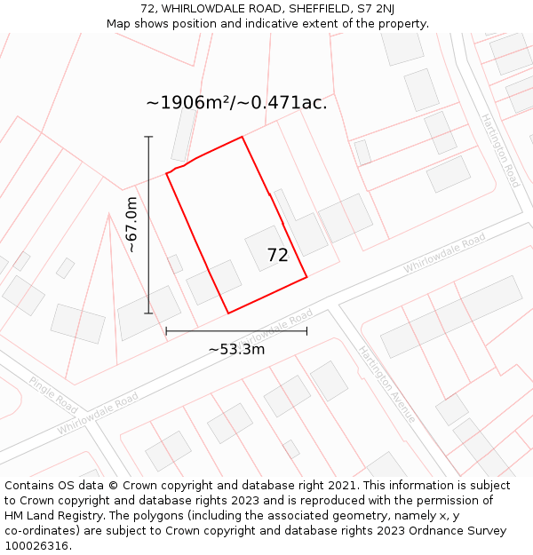72, WHIRLOWDALE ROAD, SHEFFIELD, S7 2NJ: Plot and title map