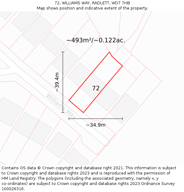 72, WILLIAMS WAY, RADLETT, WD7 7HB: Plot and title map