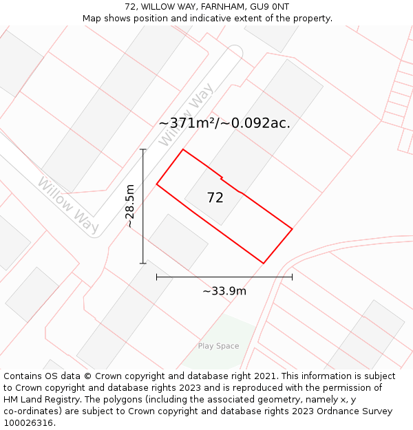 72, WILLOW WAY, FARNHAM, GU9 0NT: Plot and title map