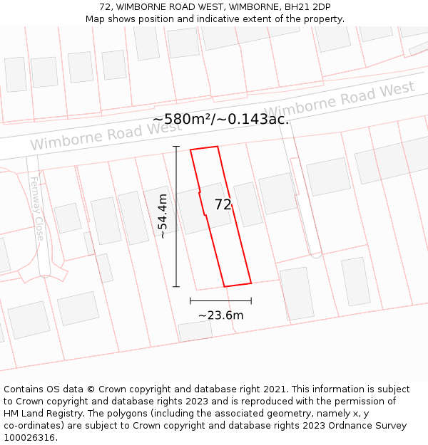 72, WIMBORNE ROAD WEST, WIMBORNE, BH21 2DP: Plot and title map