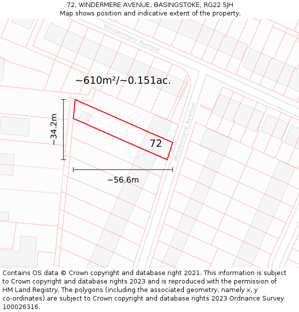 72, WINDERMERE AVENUE, BASINGSTOKE, RG22 5JH: Plot and title map