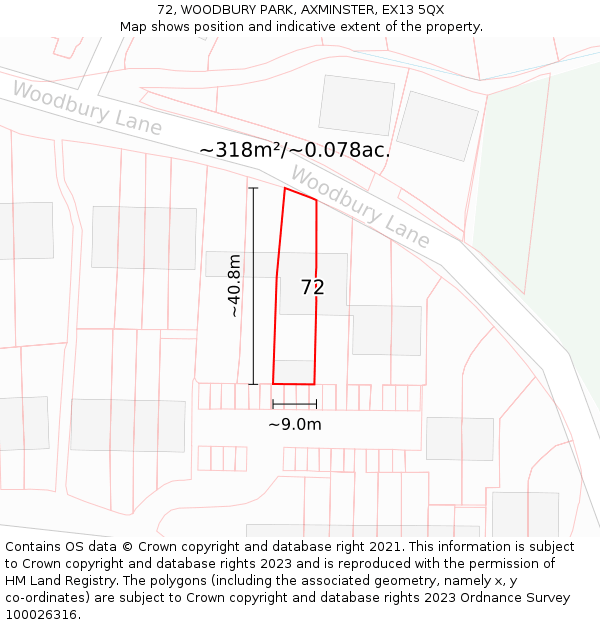 72, WOODBURY PARK, AXMINSTER, EX13 5QX: Plot and title map