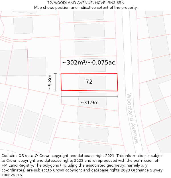 72, WOODLAND AVENUE, HOVE, BN3 6BN: Plot and title map