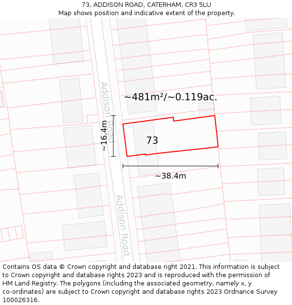 73, ADDISON ROAD, CATERHAM, CR3 5LU: Plot and title map