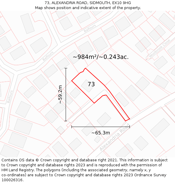 73, ALEXANDRIA ROAD, SIDMOUTH, EX10 9HG: Plot and title map