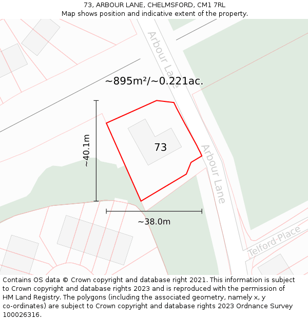 73, ARBOUR LANE, CHELMSFORD, CM1 7RL: Plot and title map